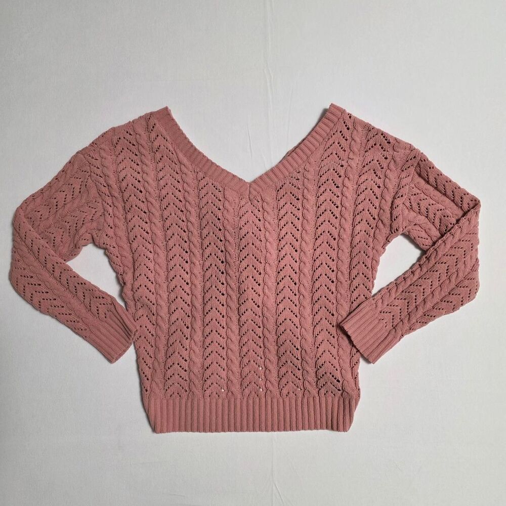 Moon & Madison Dusty Rose Pink Twist Back Pointelle Cable Knit Sweater SizeSmall